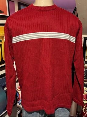 Men's Red Ribbed Crewneck Sweater with White Chest Stripe